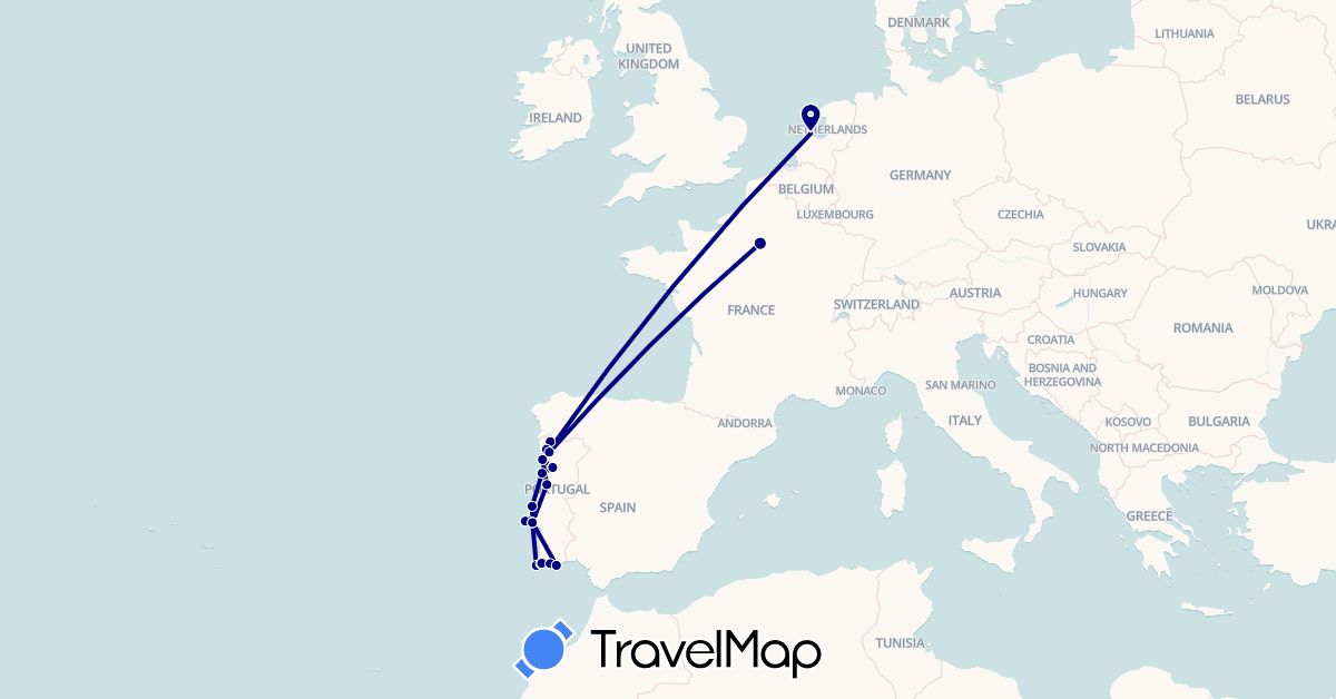TravelMap itinerary: driving in France, Netherlands, Portugal (Europe)