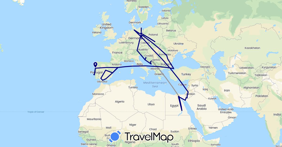 TravelMap itinerary: driving, plane in Austria, Bosnia and Herzegovina, Germany, Egypt, Spain, Croatia, Hungary, Israel, Jordan, Poland, Portugal, Romania, Turkey (Africa, Asia, Europe)